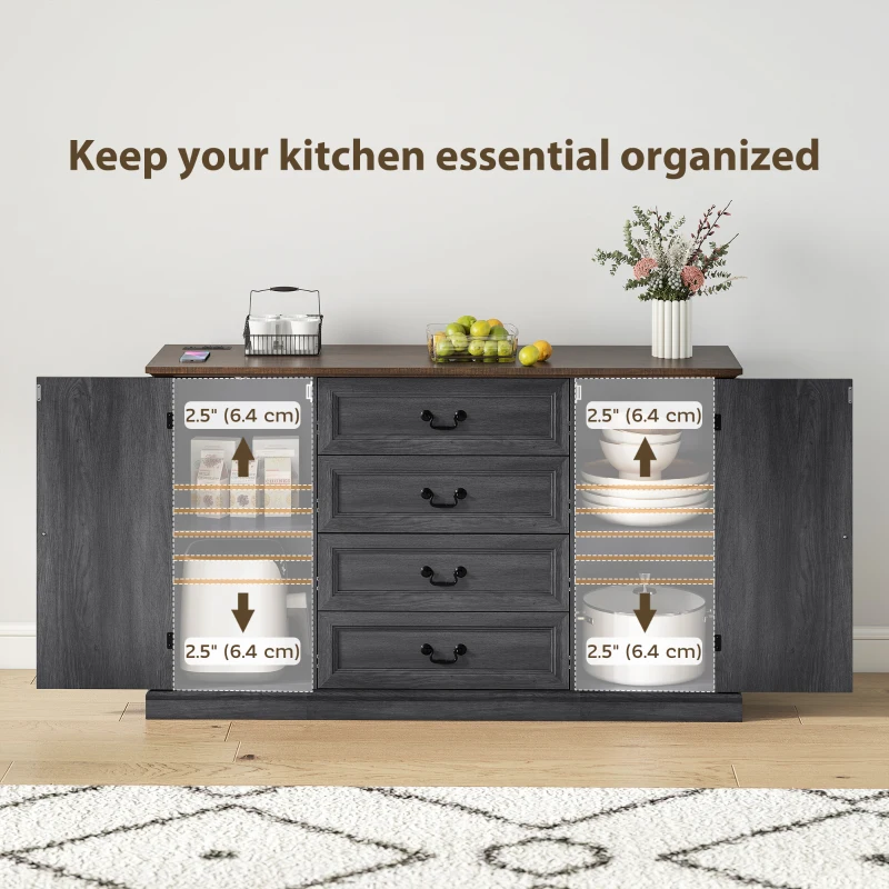 HOMCOM Farmhouse Sideboard with Charging Station, 58" Buffet Cabinet, Kitchen Storage Cabinet with 4 Drawers, 2 Doors, Black