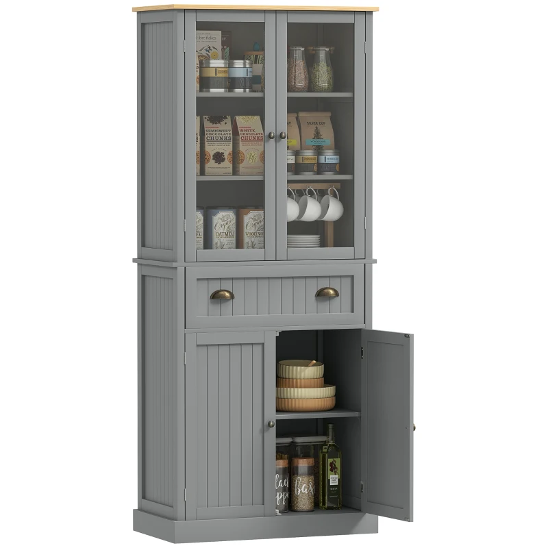 HOMCOM 72" Freestanding Kitchen Pantry Cabinet, Tall Storage Cabinet with Glass Doors, Drawer and Adjustable Shelves for Dining Room, Grey