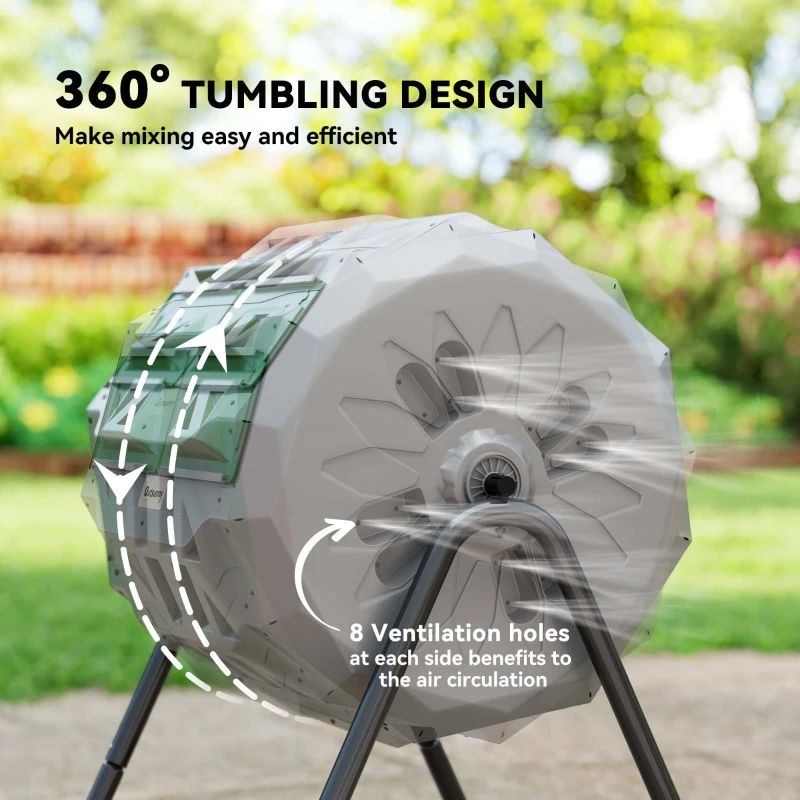 Outsunny Tumbling Compost Bin Outdoor 360° Dual Chamber Rotating Composter 43 Gallon, Light Gray