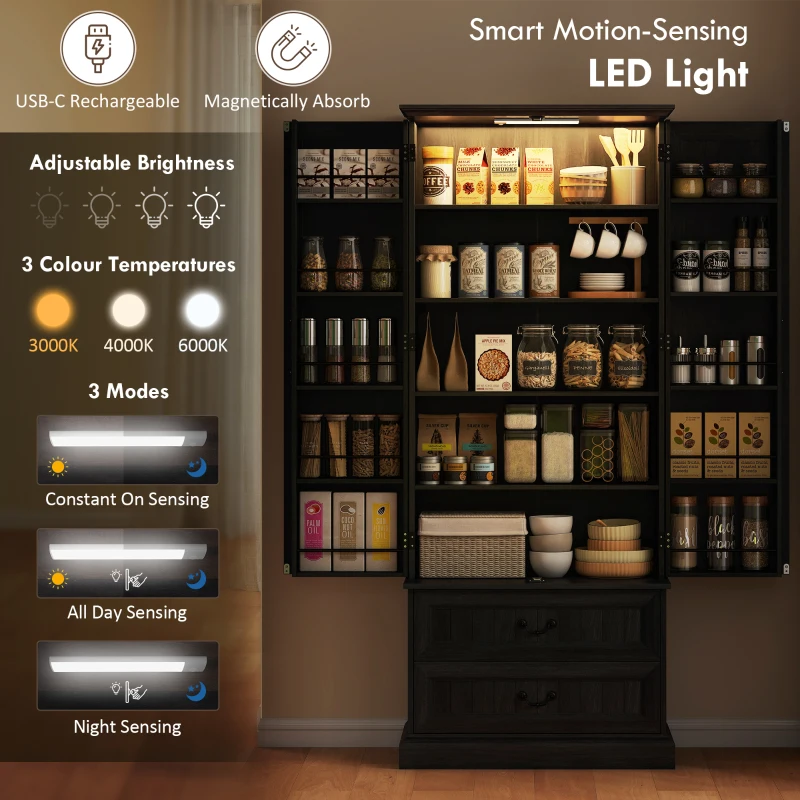 HOMCOM 72" LED Kitchen Pantry Cabinet, Buffet Storage Cabinet with 10 Door Shelves, 2 Drawers and Adjustable Shelves, Black