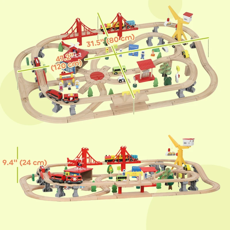 Qaba 133 Pcs Wooden Train Set with Track, Battery Towered Train, Crane, Bridge & Accessories, for Kids 3+ Years Old