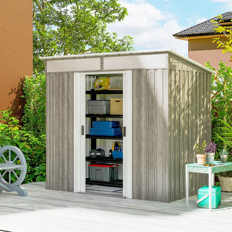 Outsunny 6.5x4FT Galvanised Metal Shed with Foundation Kit, Lockable Garden Tool Storage House with Sliding Doors, Vents, Grey