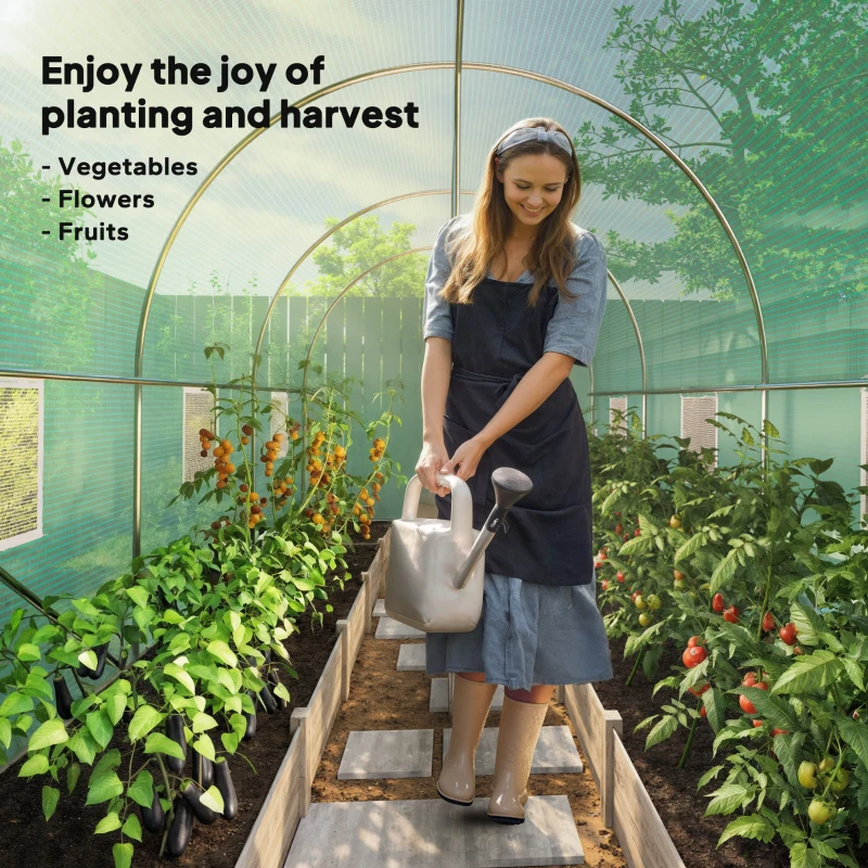 Outsunny Hoop House Greenhouse, Walk-in Tunnel Greenhouse with 2 Support Rods, Zippered Roll-up Mesh Door, 14.6'x6.5'x6.6', Green