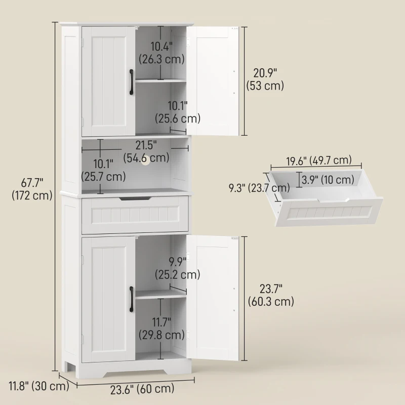 HOMCOM Kitchen Buffet with Hutch, 68" Tall Kitchen Pantry Cabinet with Small Open Counter, 4 Doors, Drawer, White
