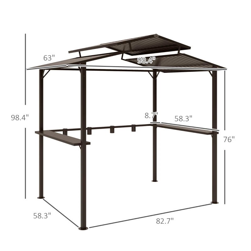 Outsunny 8 x 5ft Hardtop Grill Gazebo with Double Metal Roof, 2 Side Shelves and 4 Cup Holders for Patio Backyard Lawn Deck