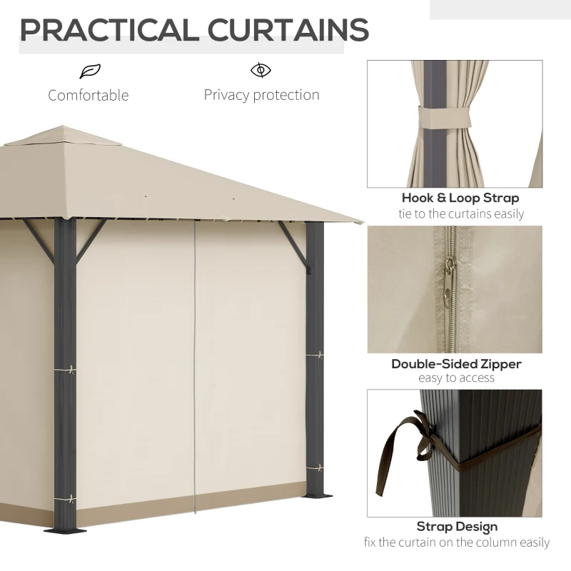 Outsunny 10' x 10' Patio Gazebo Aluminum Frame Outdoor Canopy Shelter with Sidewalls, Vented Roof for Garden, Lawn, Backyard, and Deck, Khaki