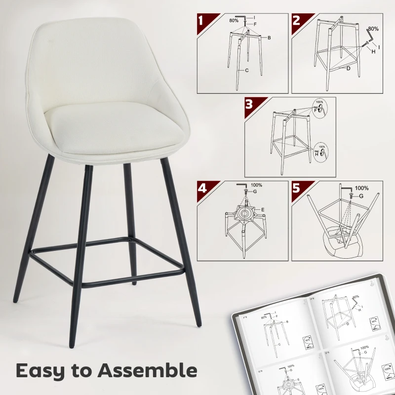 HOMCOM 26" Counter Height Barstools Set of 2, Upholstered Swivel Bar Stools with Backrests and Armrests, Cream White