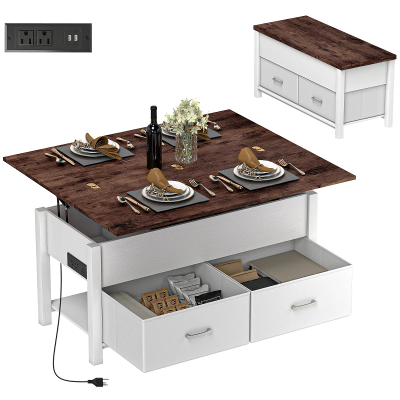 HOMCOM Lift Top Coffee Table, Center Table with 3 Hidden Compartments, 2 Fabric Drawers, Expandable Top and Charging Station