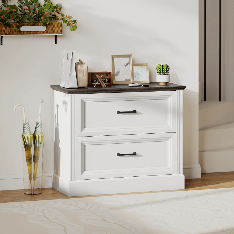 HOMCOM Lateral Filing Cabinet, Farmhouse File Cabinet with 2 Silent Drawers for Letter/A4/Legal Size Files, White