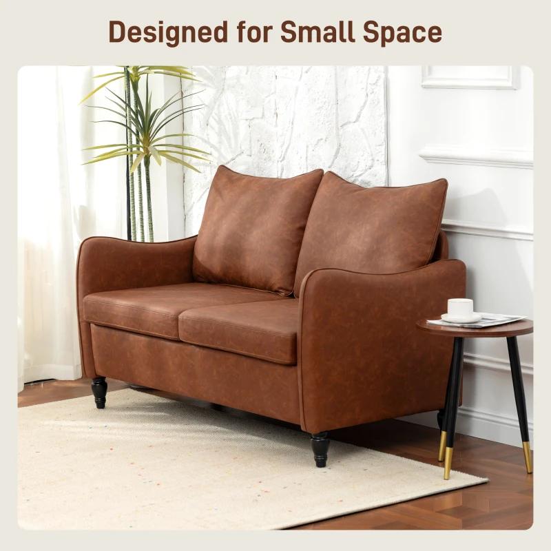 HOMCOM 55" Loveseat Sofa, Small 2 Seater Couch with Solid Wood Legs, Modern PU Leather Upholstered Sofa for Small Spaces, Brown