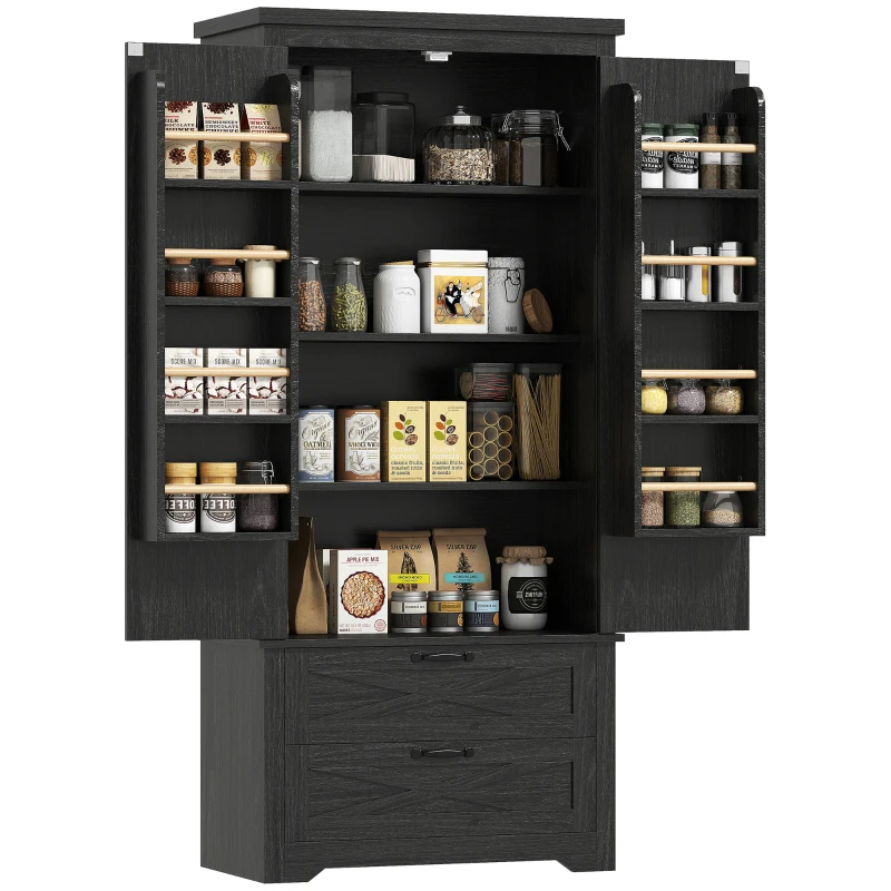 HOMCOM Farmhouse Kitchen Pantry Storage Cabinet, 64" Freestanding Kitchen Pantry Cabinet with Drawers, Distressed Black