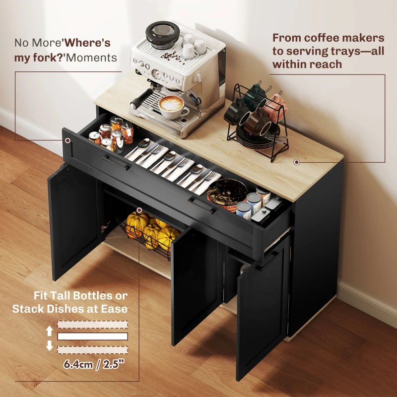 HOMCOM Sideboard Buffet Cabinet, Modern 40" Coffee Bar Cabinet with Wide Drawer, 3 Doors and 2 Adjustable Shelves, Black