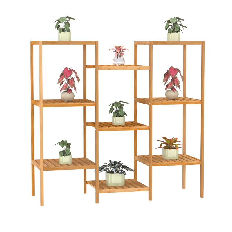 HOMCOM 9-Tier Bamboo Storage Shelf, Plant Stand, Utility Slatted Shelving Unit for Living Room, Balcony, Hallway, Bathroom, Natural