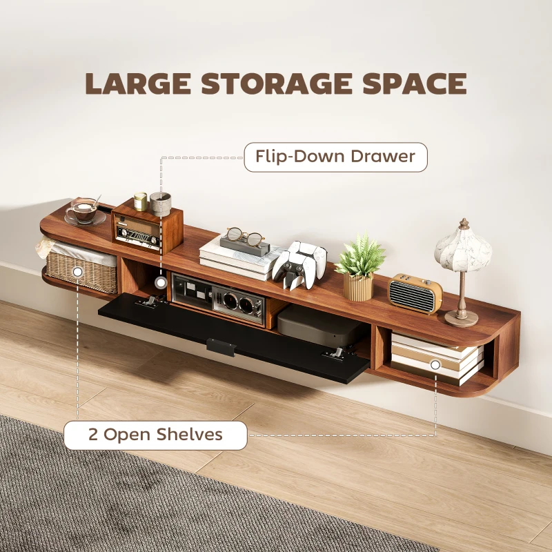 HOMCOM 55" Floating TV Stand for TVs up to 60 Inch, Wall Mounted Media Console with Flip Drawer and 2 Open Shelves, Walnut