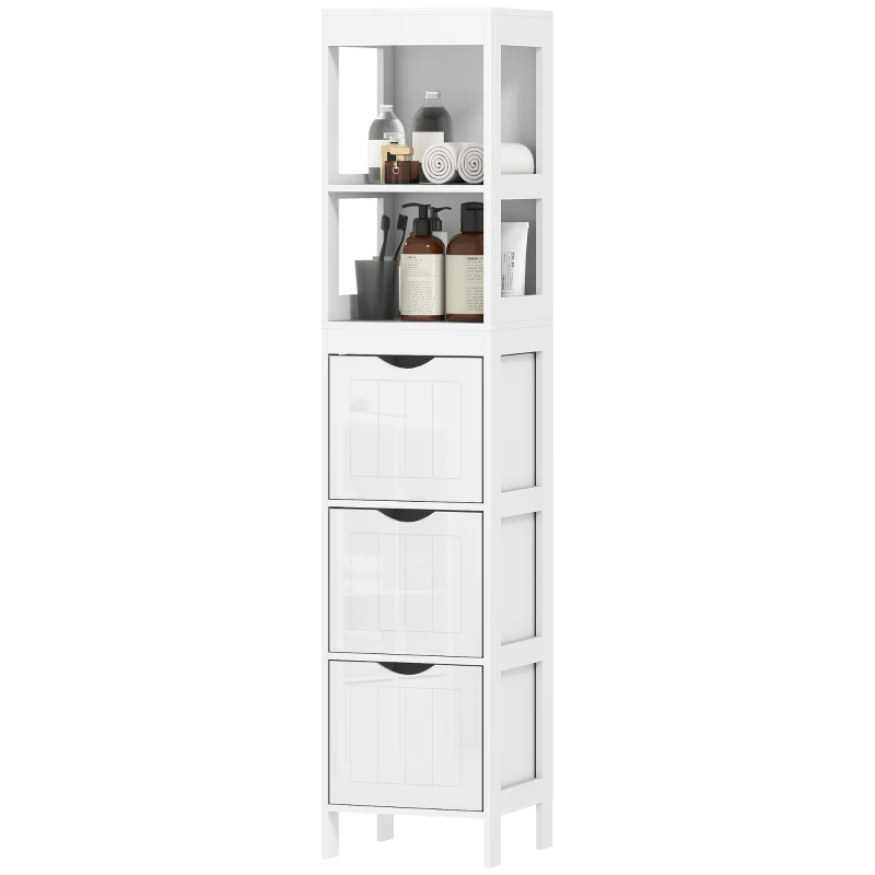 HOMCOM Narrow Bathroom Storage Cabinet, Bathroom Cabinet with 3 Drawers & 2 Open Shelves, Slim Bathroom Floor Cabinet, White