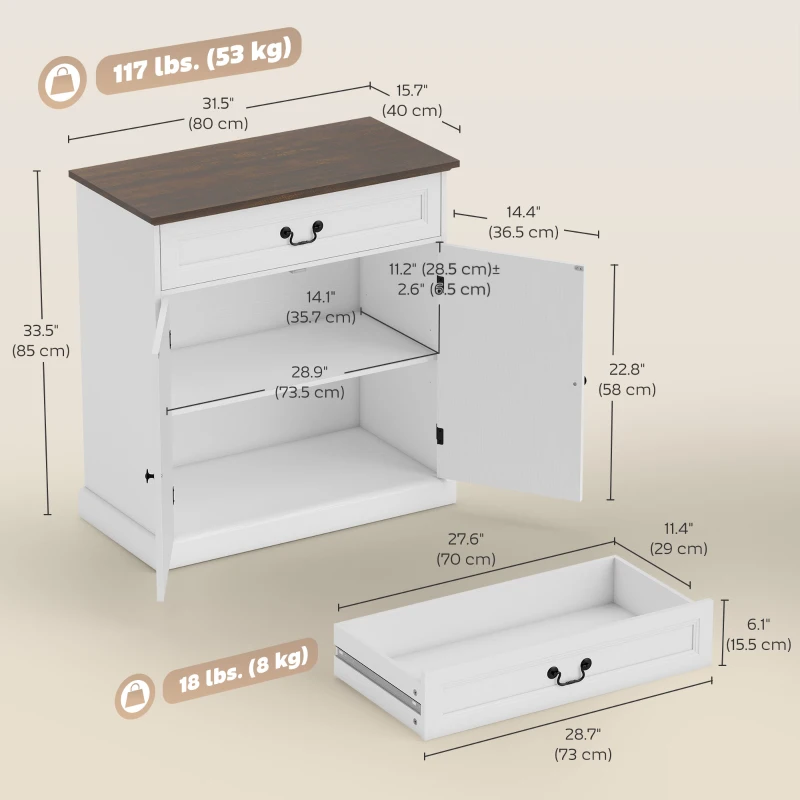 HOMCOM Buffet Cabinet, 32" Farmhouse Sideboard with Thick Top, Quiet Drawer and Adjustable Shelf, White Wood Grain