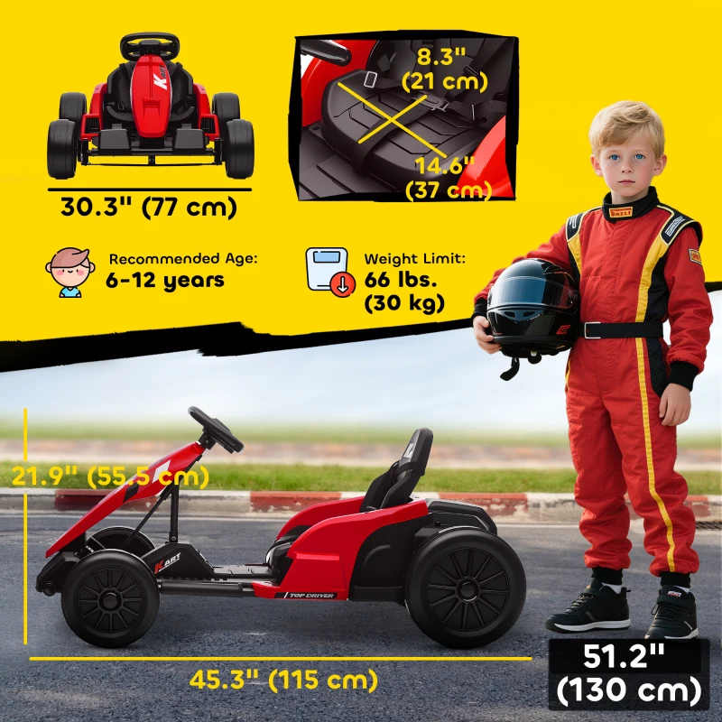 Qaba 24V Electric Go Kart with Dual 150W Motors, Adjustable Seat & 11.2MPH High Speed, Slow Start, 5-Point Harness, Red