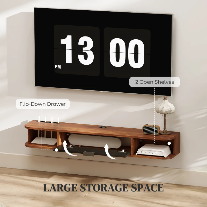 HOMCOM 47" Floating TV Stand for TVs up to 50 Inch, Wall Mounted Media Console with Flip Drawer and 2 Open Shelves, Walnut