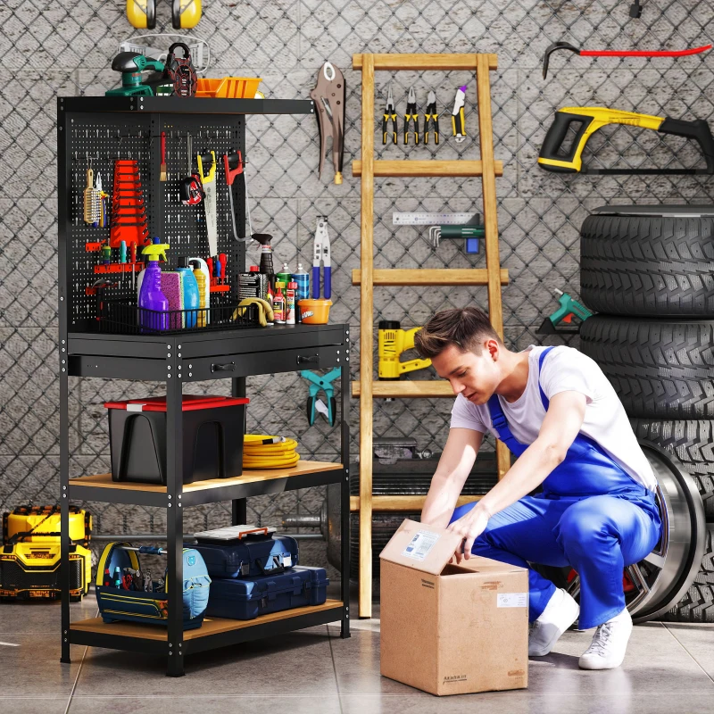 HOMCOM Work Bench with Pegboard, 31.5" Heavy Duty Metal Workbench with Hanging Kits, 2 Lower Shelves and Large Drawer, Black