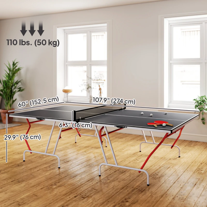 Soozier 9' x 5' Full Size Table Tennis Table, Folding Ping Pong Table with Paddles and Balls, Dark Grey