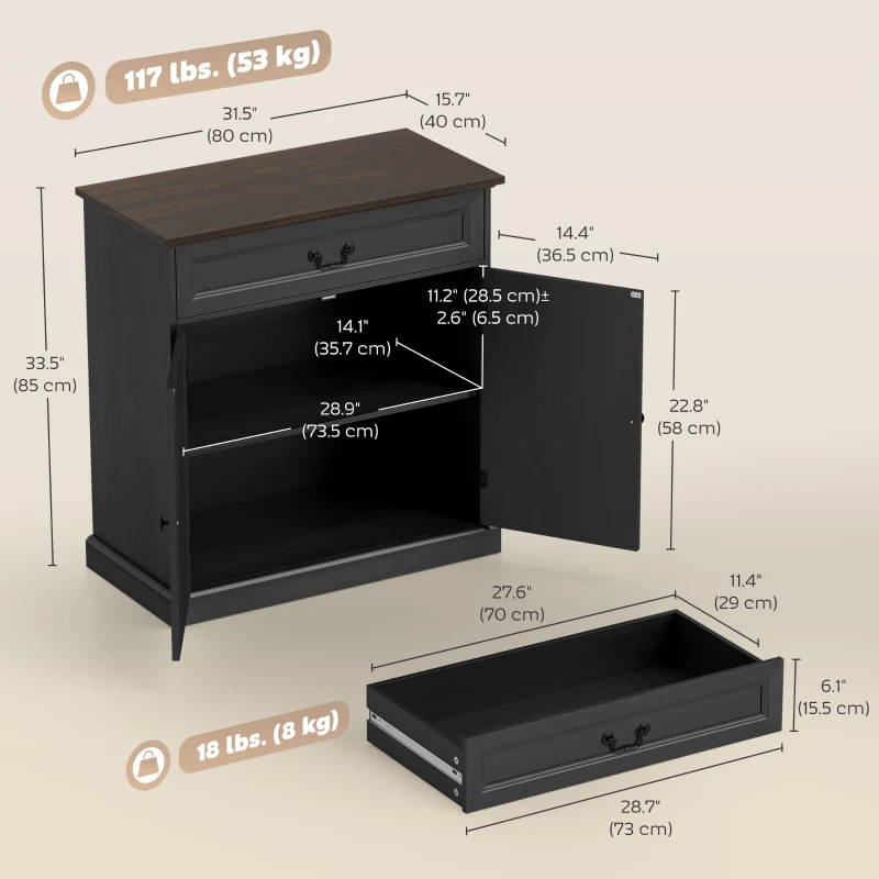 HOMCOM Buffet Cabinet, 32" Farmhouse Sideboard with Thick Top, Quiet Drawer and Adjustable Shelf, Black Wood Grain