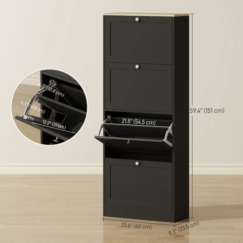 HOMCOM Modern Shoe Storage Cabinet with 4 Flip Drawers and Adjustable Shelves, Shoe Cabinet for 18-24 Pairs of Shoes, Black