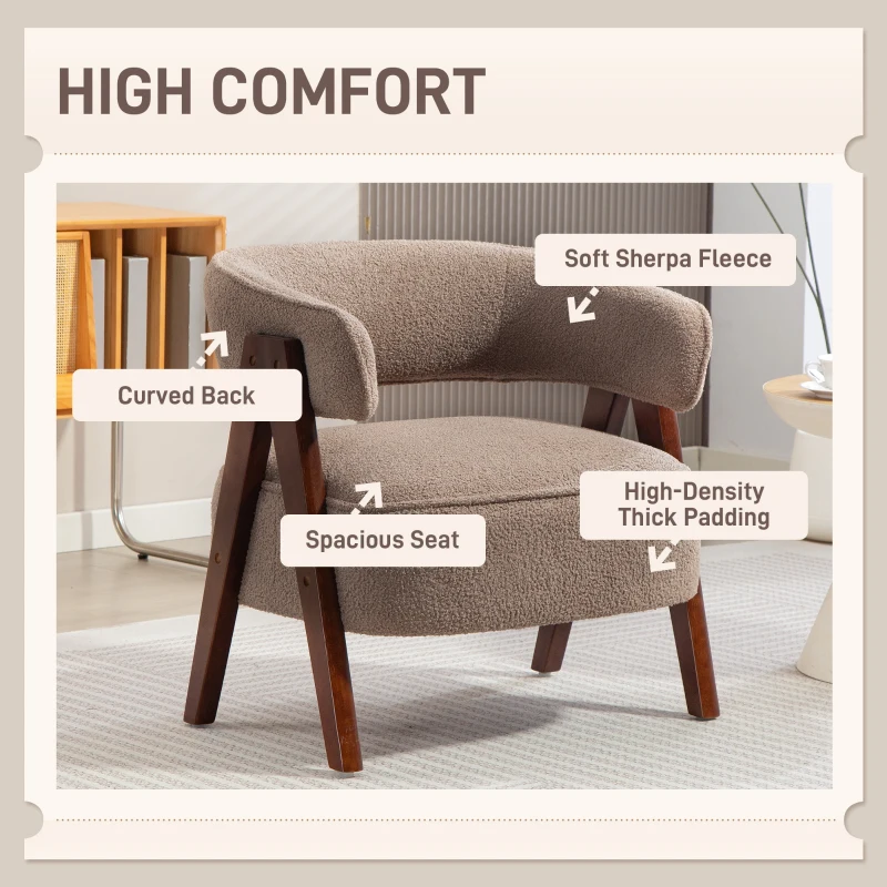 HOMCOM Sherpa Fleece Accent Chair, Upholstered Armchair with Solid Wood Legs and Steel Frame for Living Room, Light Brown