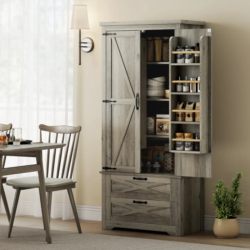 HOMCOM Farmhouse Kitchen Pantry Storage Cabinet, 64" Freestanding Kitchen Pantry Cabinet with Drawers, Distressed Grey