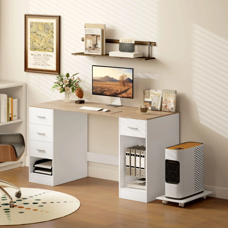 HOMCOM Office Desk, 55" Computer Desk with 4 Reversible Drawers, Mobile PC Stand, Adjustable Shelf, White Wood Grain