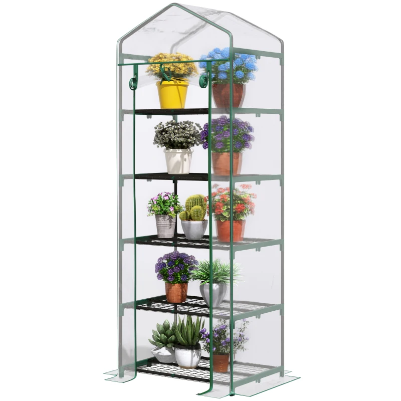 Outsunny 5 Tier Mini Greenhouse, Portable Outdoor Flower Stand with Shelf Clips, Indoor Greenhouse with Steel Frame, Transparent, 27.25" x 19.25" x 76", Clear