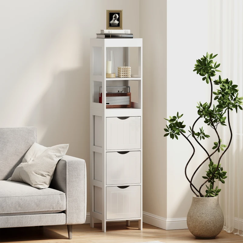 HOMCOM Narrow Bathroom Storage Cabinet, Bathroom Cabinet with 3 Drawers & 2 Open Shelves, Slim Bathroom Floor Cabinet, White