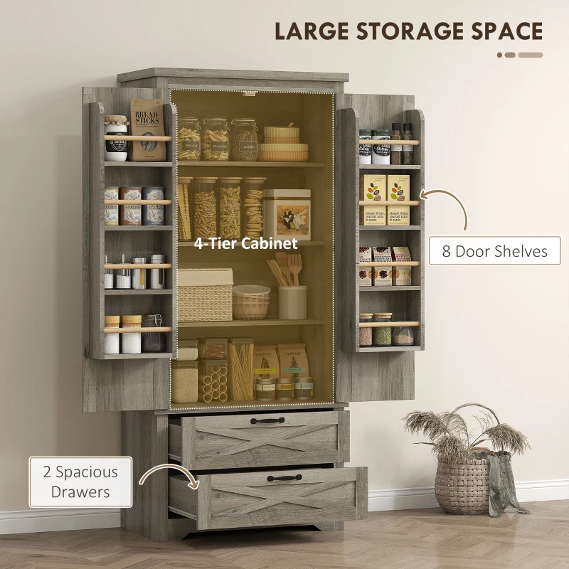 HOMCOM Farmhouse Kitchen Pantry Storage Cabinet, 64" Freestanding Kitchen Pantry Cabinet with Drawers, Distressed Grey