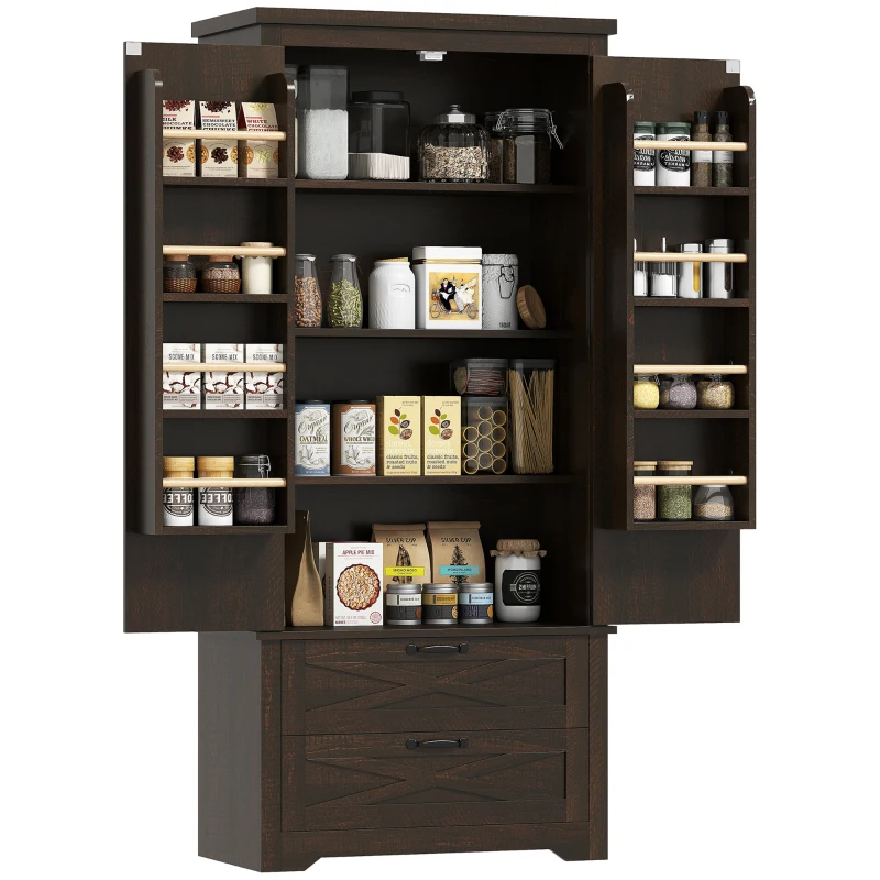 HOMCOM Farmhouse Kitchen Pantry Storage Cabinet, 64" Freestanding Kitchen Pantry Cabinet with Drawers, Distressed Dark Brown