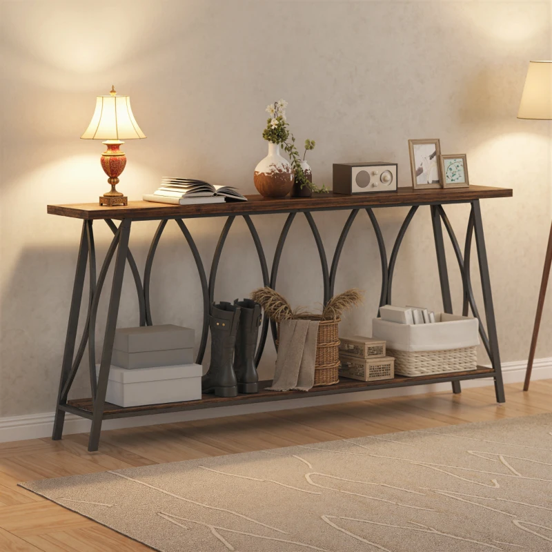 HOMCOM 71" Console Table, Industrial 2-Tier Narrow Entryway Table with Metal Frame for Living Room, Hallway, Rustic Brown