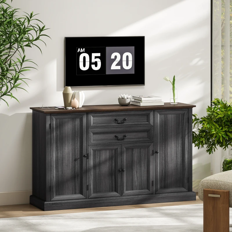 HOMCOM Farmhouse Sideboard with Charging Station and Thickened Top, 58" Buffet Cabinet with 2 Soft-Close Drawers, Black