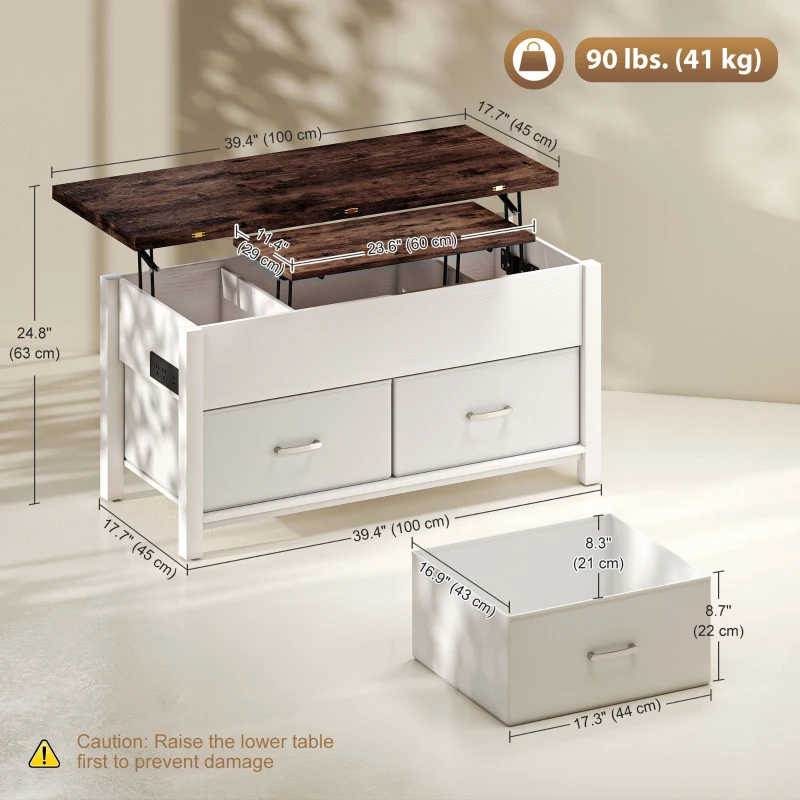 HOMCOM Lift Top Coffee Table, Center Table with 3 Hidden Compartments, 2 Fabric Drawers, Expandable Top and Charging Station