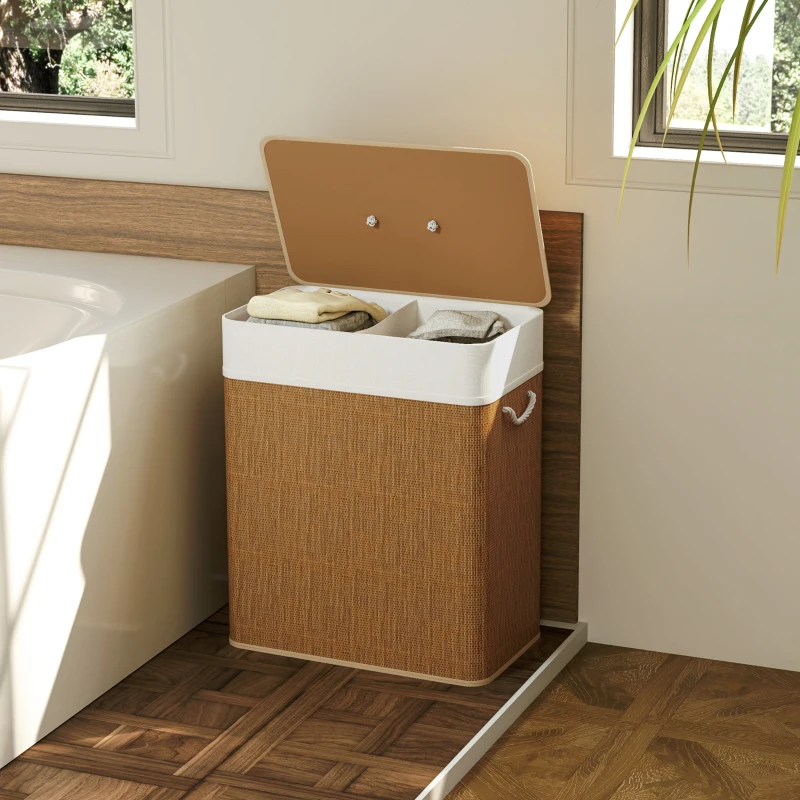 HOMCOM Double Laundry Basket with Lid, 100L Bamboo Laundry Hamper with Rope Handles and Removable Bags, Brown