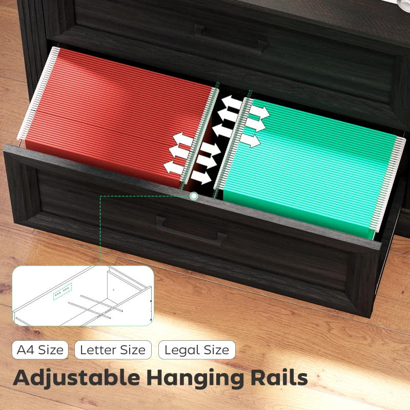 HOMCOM Lateral Filing Cabinet, Farmhouse File Cabinet with 2 Silent Drawers for Letter/A4/Legal Size Files, Black