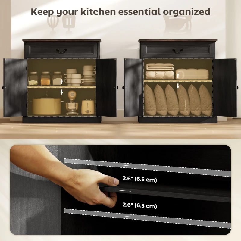 HOMCOM Buffet Cabinet, 32" Farmhouse Sideboard with Thick Top, Quiet Drawer and Adjustable Shelf, Black Wood Grain