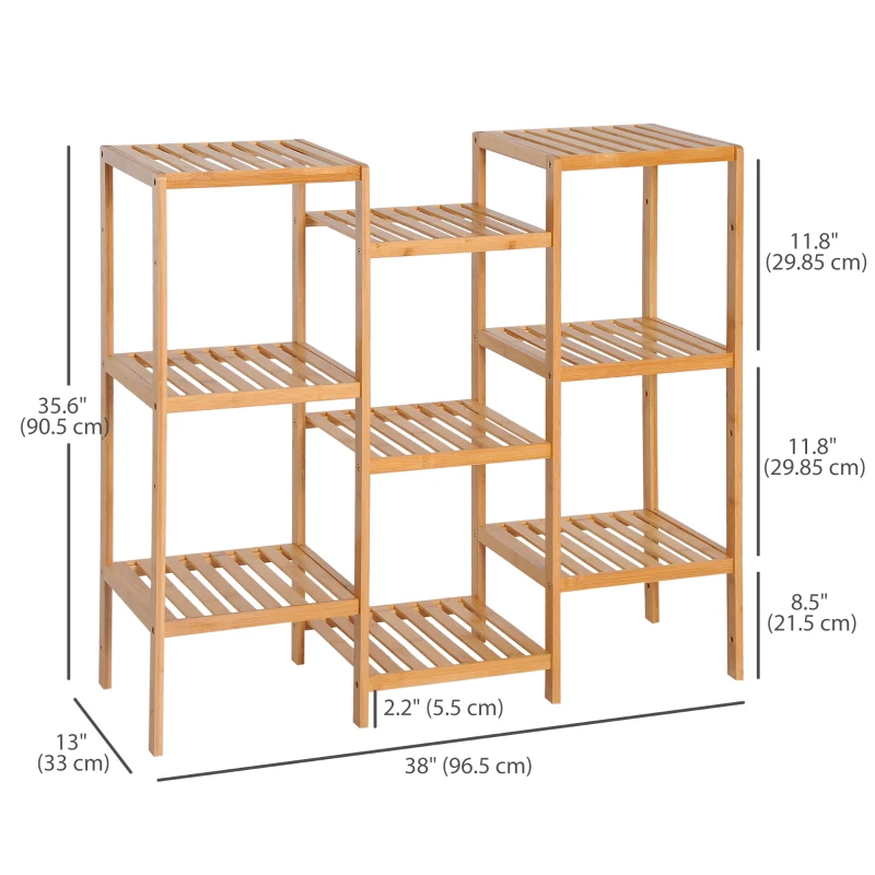 HOMCOM 9-Tier Bamboo Storage Shelf, Plant Stand, Utility Slatted Shelving Unit for Living Room, Balcony, Hallway, Bathroom, Natural