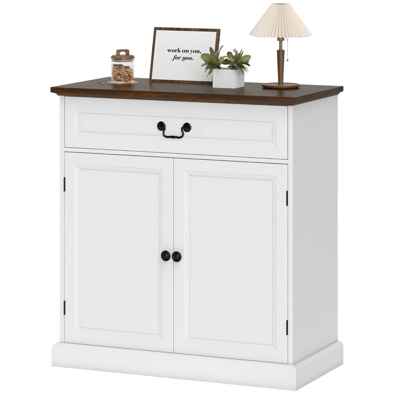HOMCOM Buffet Cabinet, 32" Farmhouse Sideboard with Thick Top, Quiet Drawer and Adjustable Shelf, White Wood Grain