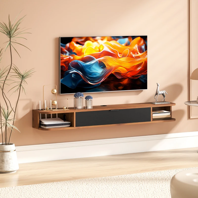 HOMCOM 55" Floating TV Stand for TVs up to 60 Inch, Wall Mounted Media Console with Flip Drawer and 2 Open Shelves, Walnut