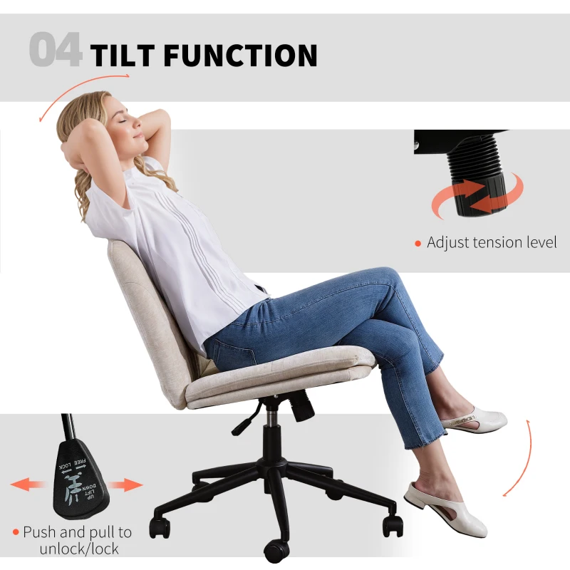 HOMCOM Criss Cross Chair with Wheels, Wide Office Chair with No Arms, Adjustable Height, Tilting for Home, Beige