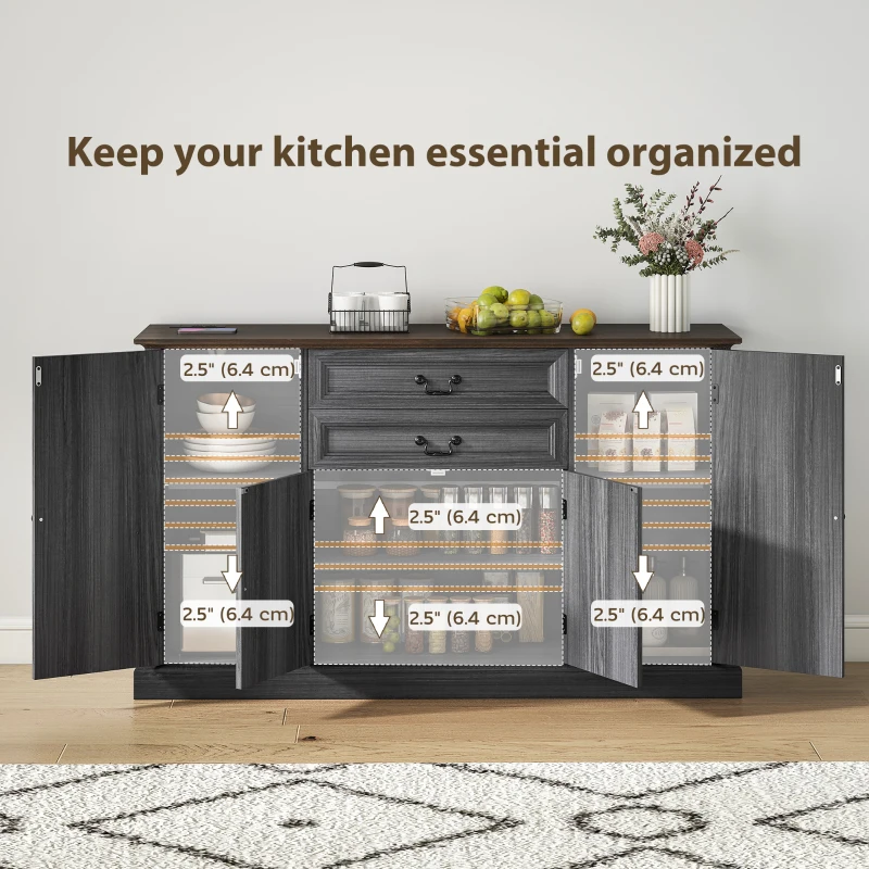 HOMCOM Farmhouse Sideboard with Charging Station and Thickened Top, 58" Buffet Cabinet with 2 Soft-Close Drawers, Black