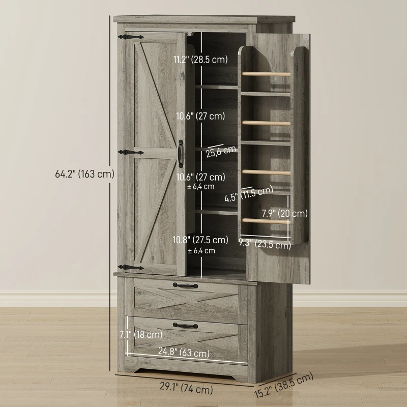 HOMCOM Farmhouse Kitchen Pantry Storage Cabinet, 64" Freestanding Kitchen Pantry Cabinet with Drawers, Distressed Grey