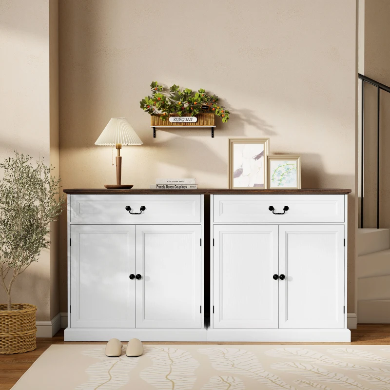 HOMCOM Buffet Cabinet, 32" Farmhouse Sideboard with Thick Top, Quiet Drawer and Adjustable Shelf, White Wood Grain
