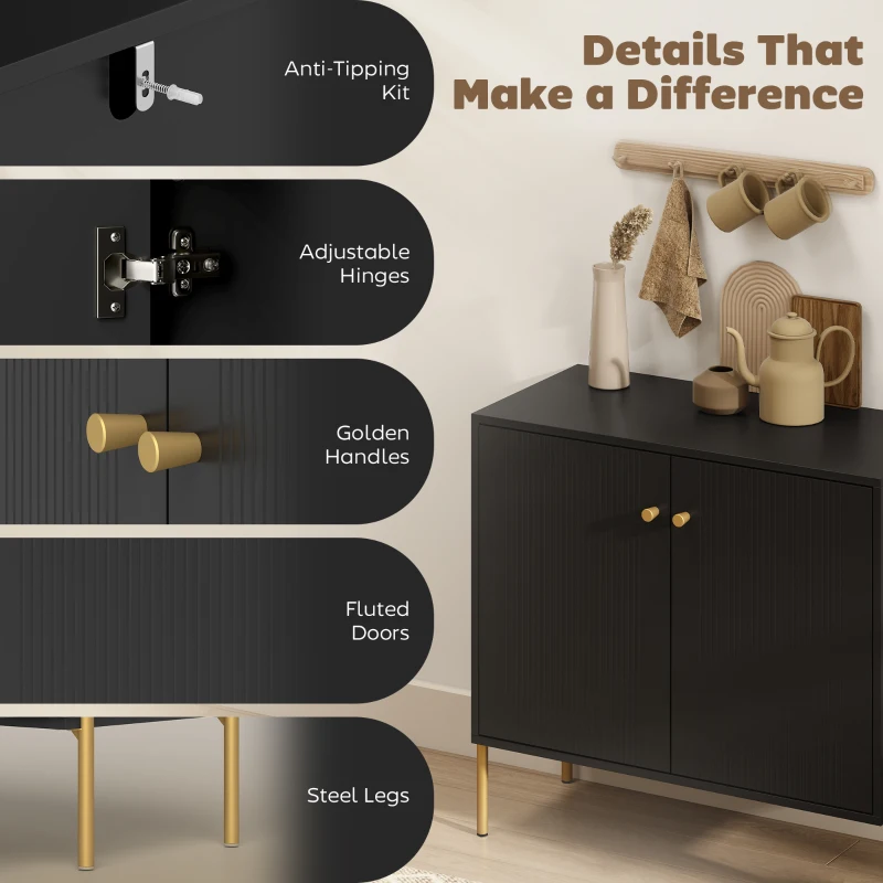 HOMCOM Sideboard, Modern Buffet Cabinet, Coffee Bar Cabinet with Fluted Doors and Adjustable Shelf, Black