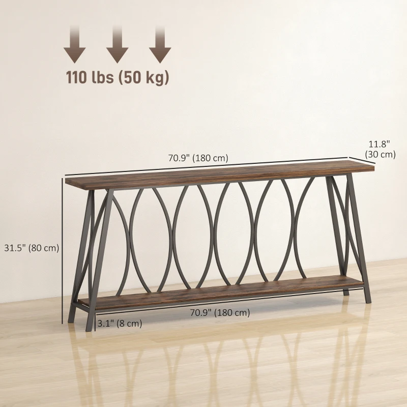 HOMCOM 71" Console Table, Industrial 2-Tier Narrow Entryway Table with Metal Frame for Living Room, Hallway, Rustic Brown