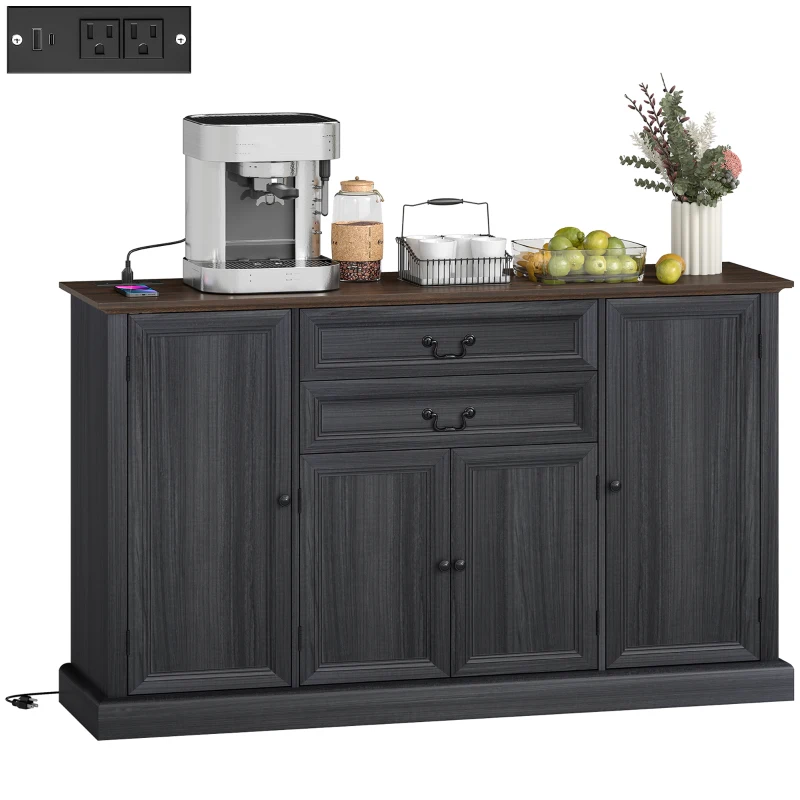 HOMCOM Farmhouse Sideboard with Charging Station and Thickened Top, 58" Buffet Cabinet with 2 Soft-Close Drawers, Black