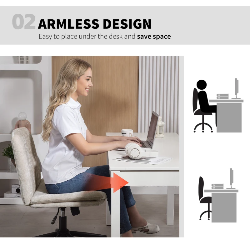 HOMCOM Criss Cross Chair with Wheels, Wide Office Chair with No Arms, Adjustable Height, Tilting for Home, Beige